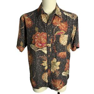 Vintage Island Republic Silk Hawaiian Shirt L Brown Floral Button Up Camp Pocket